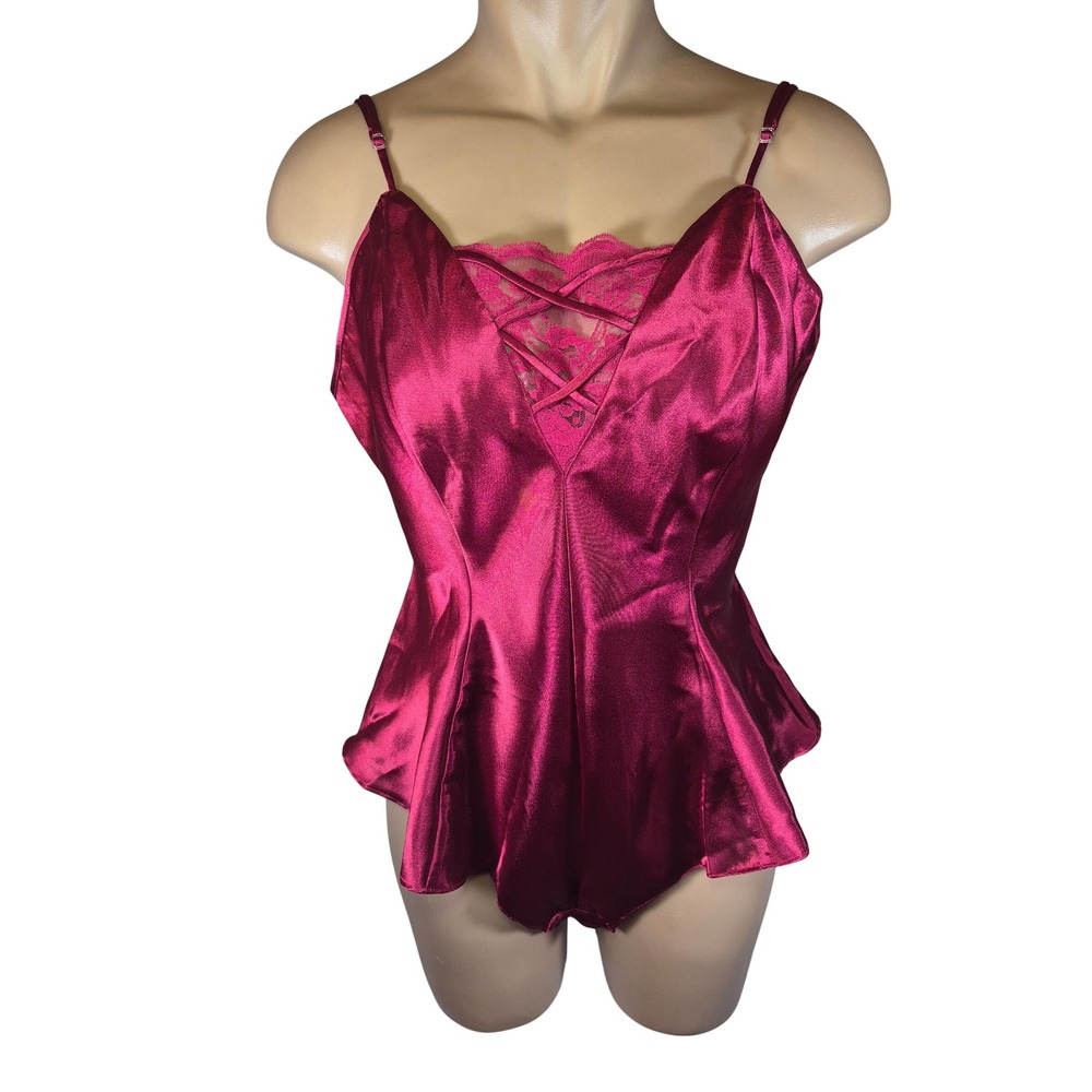 VTG 90s Y2K La Senza Lingerie Cross Lace Burgundy Satin Teddy Peplum Bodysuit L